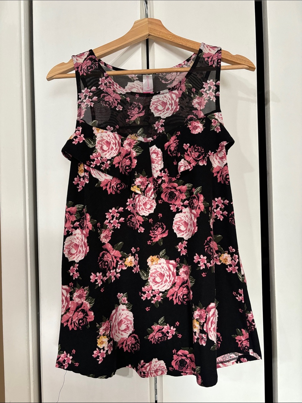 No boundaries Black Floral Tank with Pink Roses and mesh top